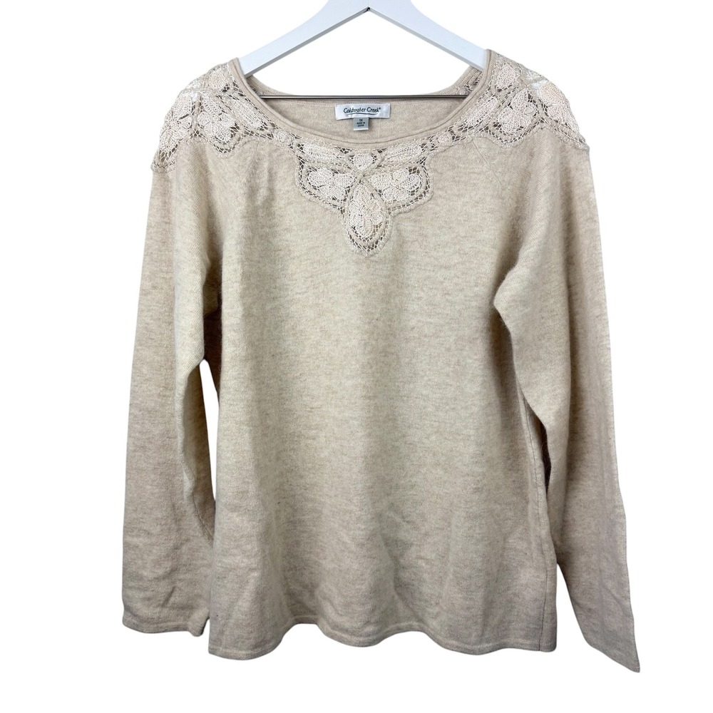 Coldwater‎ Creek Lace Detail Lambswool Rabbit Hair Sweater Oatmeal 1X NWT